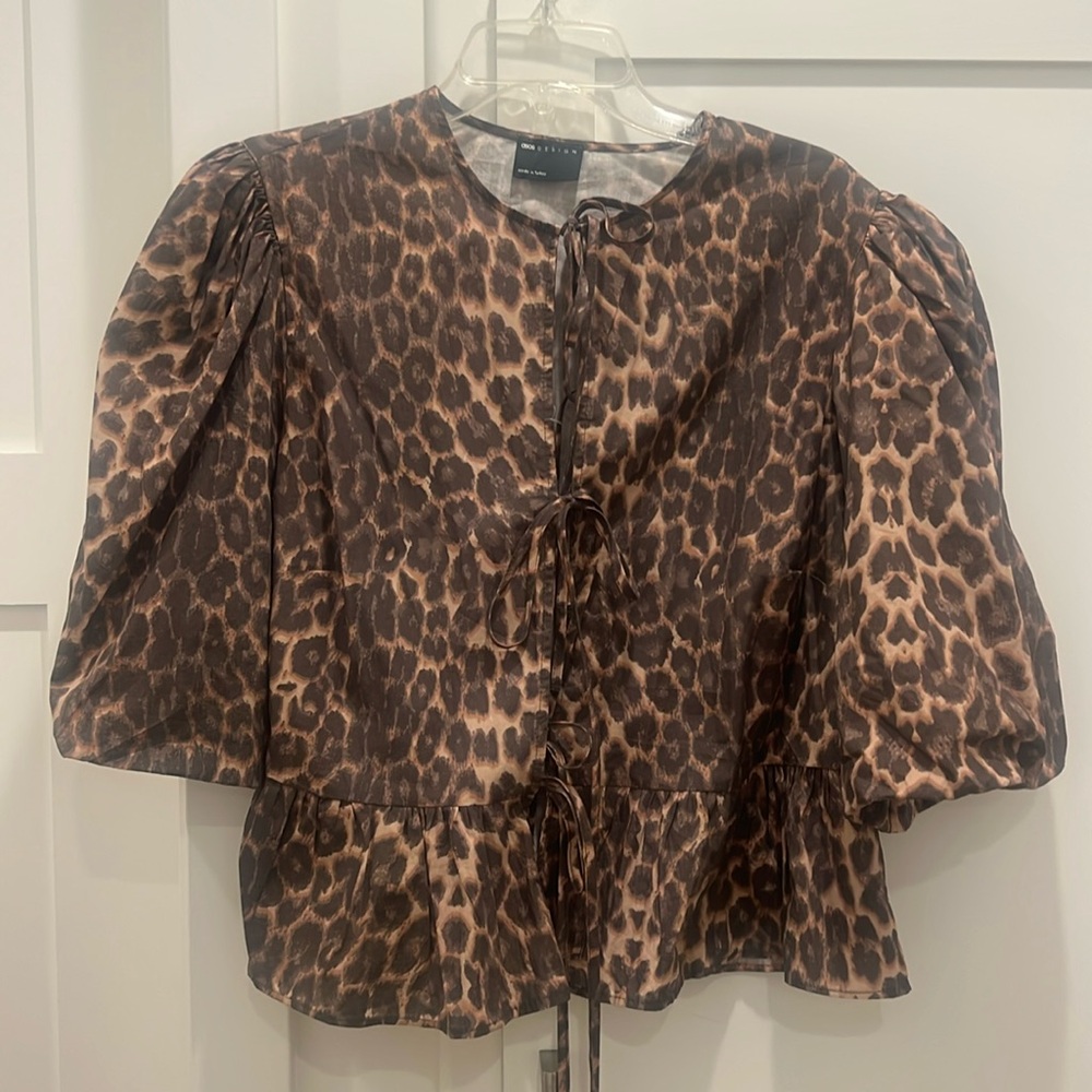ASOS tie leopard blouse with puff sleeves